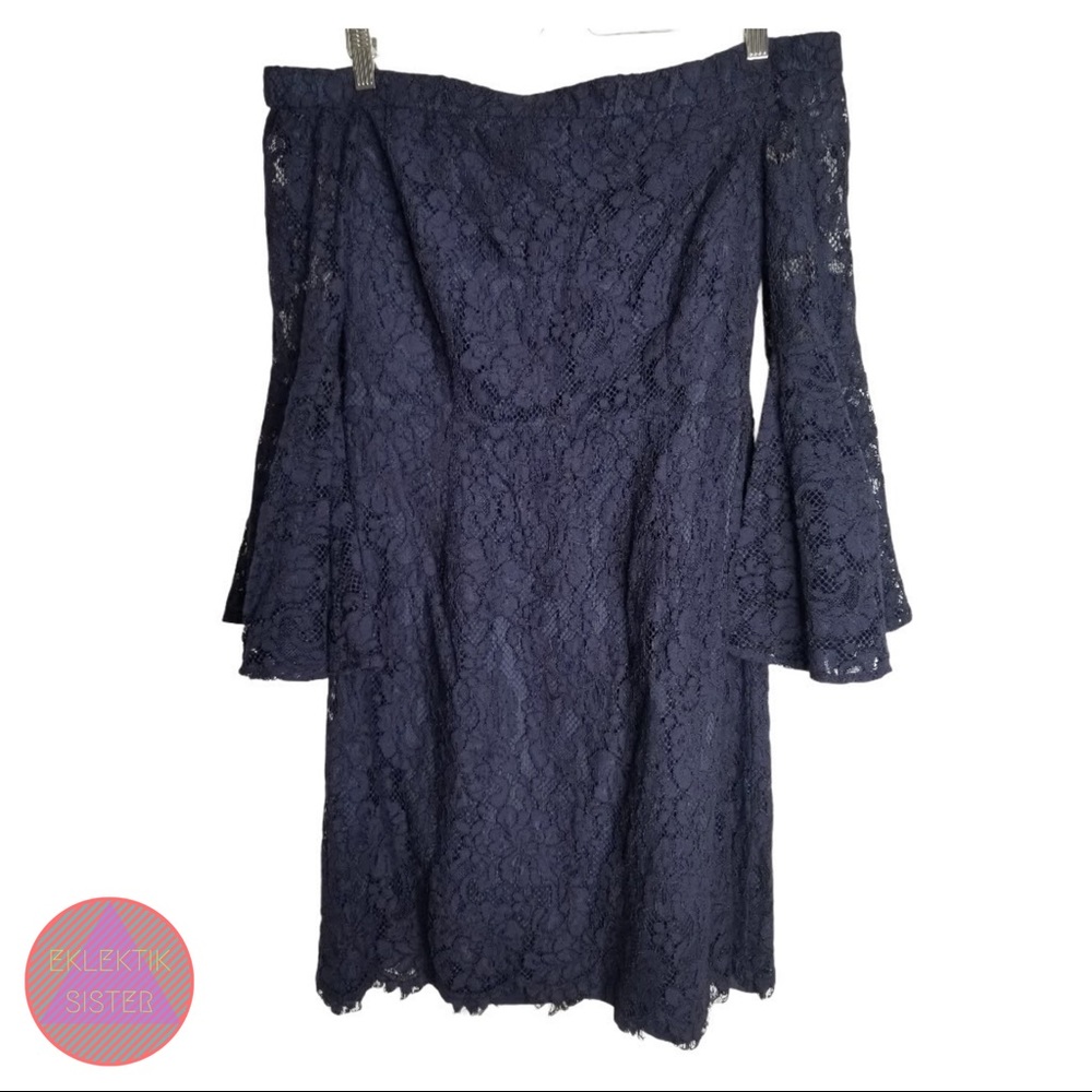 TRINA TRINA TURK navy blue lace off shoulder dress